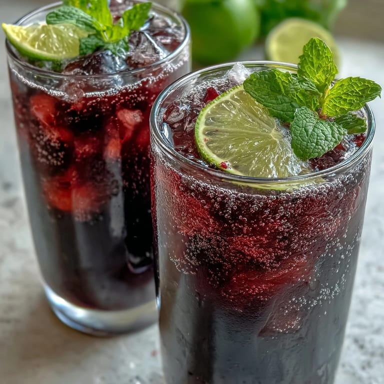 Two tall glasses of sparkling Black Currant Mocktail filled with ice and vibrant purple liquid, ready for a refreshing summer sip.
