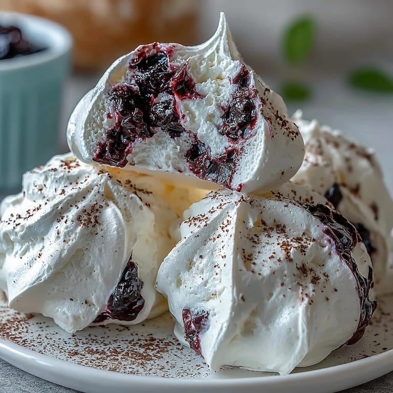 Freshly baked Black Currant Meringues cooling on a wire rack, ready to be served with coffee or tea.