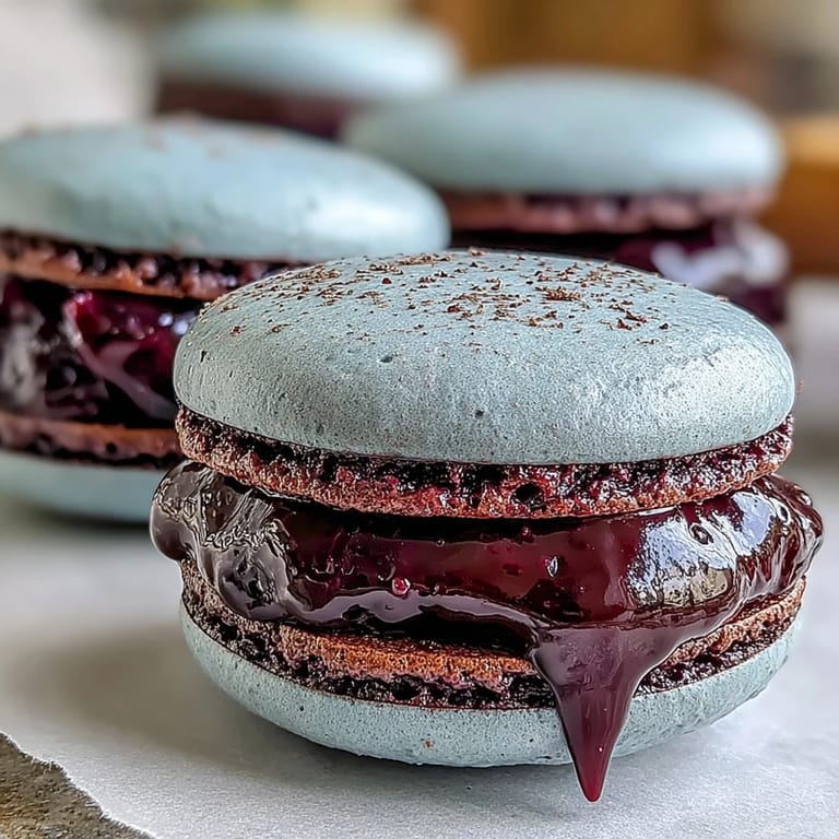 Freshly baked Black Currant Macarons are stacked on a white plate, dusted with powdered sugar and ready for a tea party.
