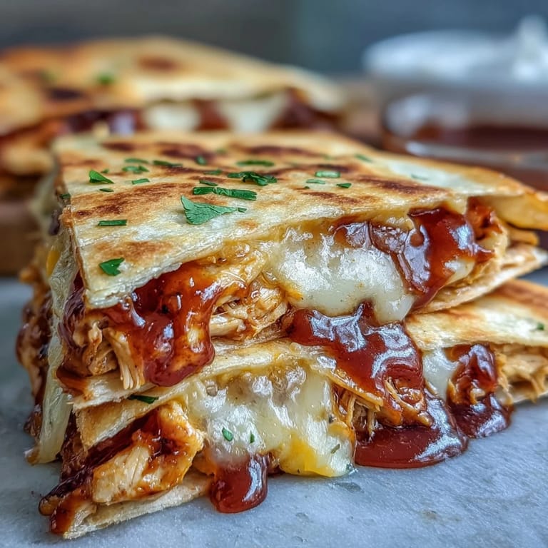 A skillet holds Hot Honey BBQ Chicken Quesadillas filled with tender shredded chicken, sautéed peppers, and onions, garnished with fresh cilantro.