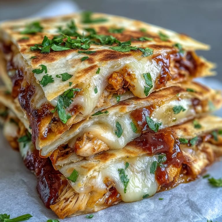 Close-up of Hot Honey BBQ Chicken Quesadillas served with a side of creamy guacamole, sour cream, and fresh lime wedges on a plate.