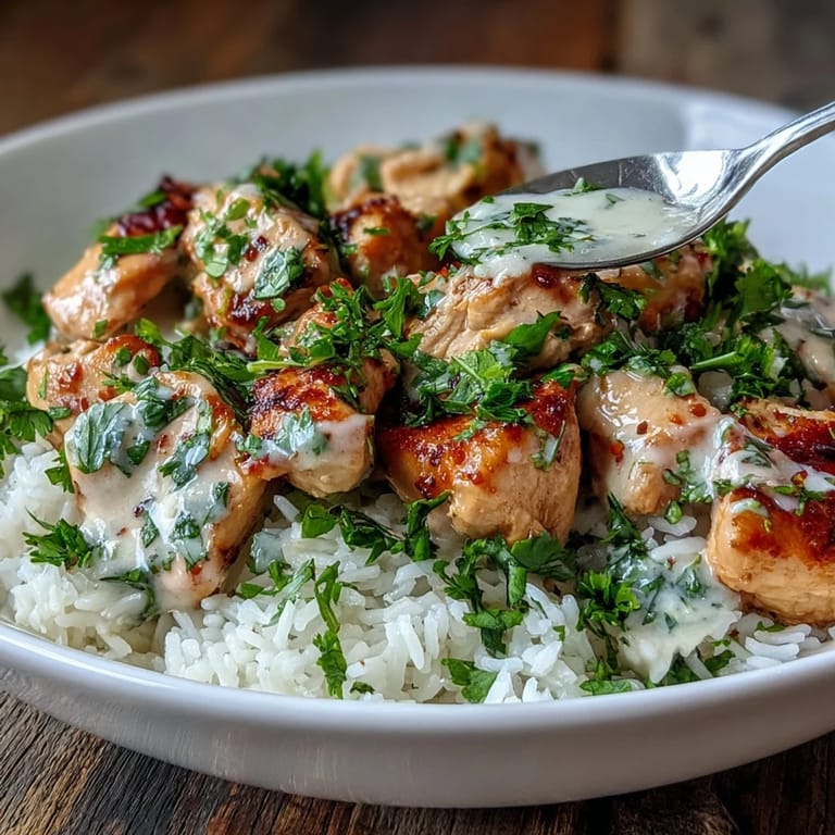 A top-down view of a vibrant Coconut Chicken Rice Bowl featuring tender chicken, creamy coconut sauce, and steamed jasmine rice topped with chopped green onions and lime wedges.