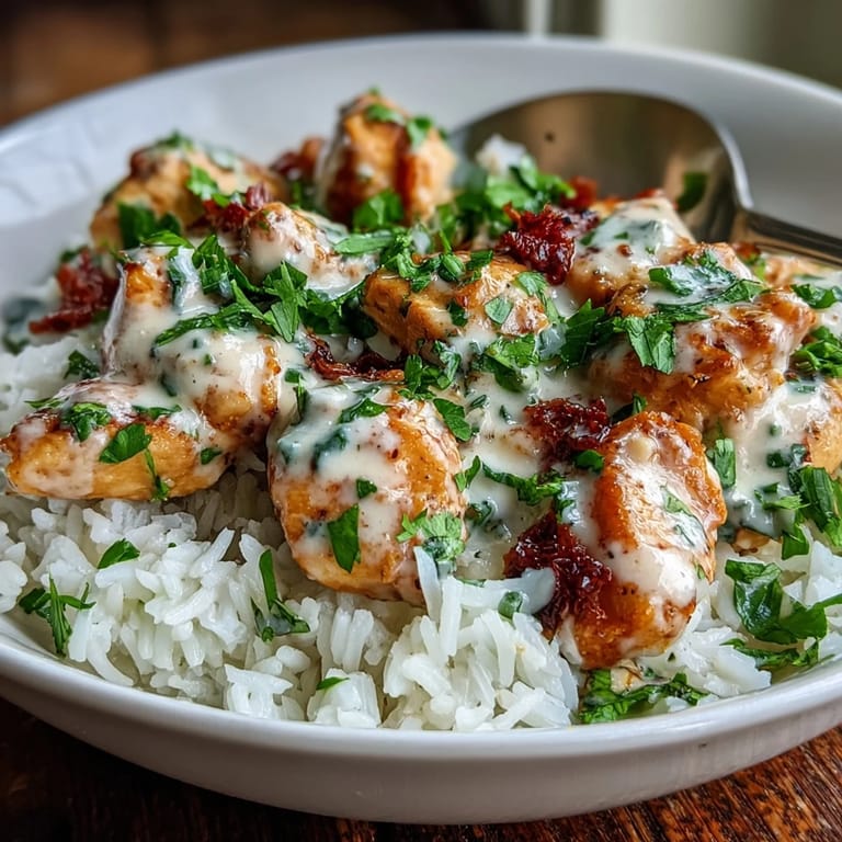 A close-up of a spoon lifting saucy chicken and rice from a Coconut Chicken Rice Bowl, highlighting the rich coconut milk sauce and fresh cilantro garnish.