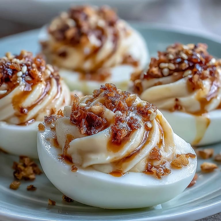 Halved deviled eggs filled with creamy yolk mixture, drizzled with spicy chili garlic oil and garnished with scallions.