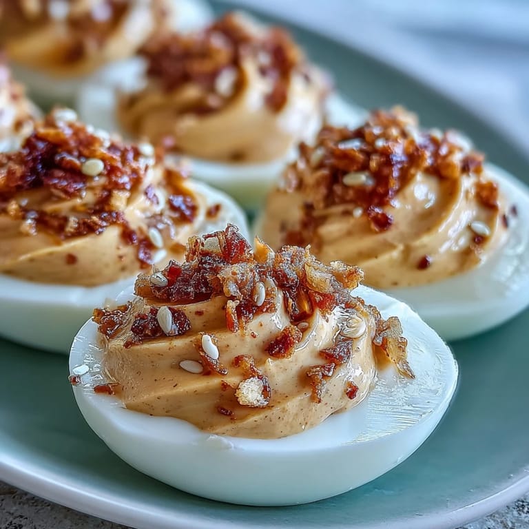 Golden Spicy Chili Garlic Deviled Eggs served on a platter, ready for a party appetizer spread with bold flavor.