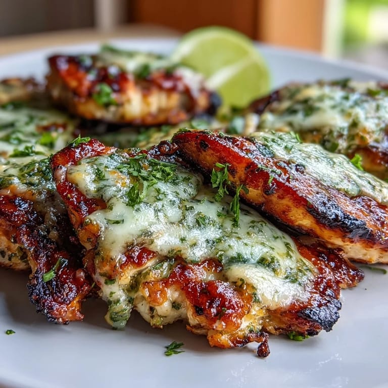 Sizzling Grilled Salsa Verde Pepper Jack Chicken served warm, garnished with cilantro and extra lime, ready for a vibrant Tex-Mex meal.