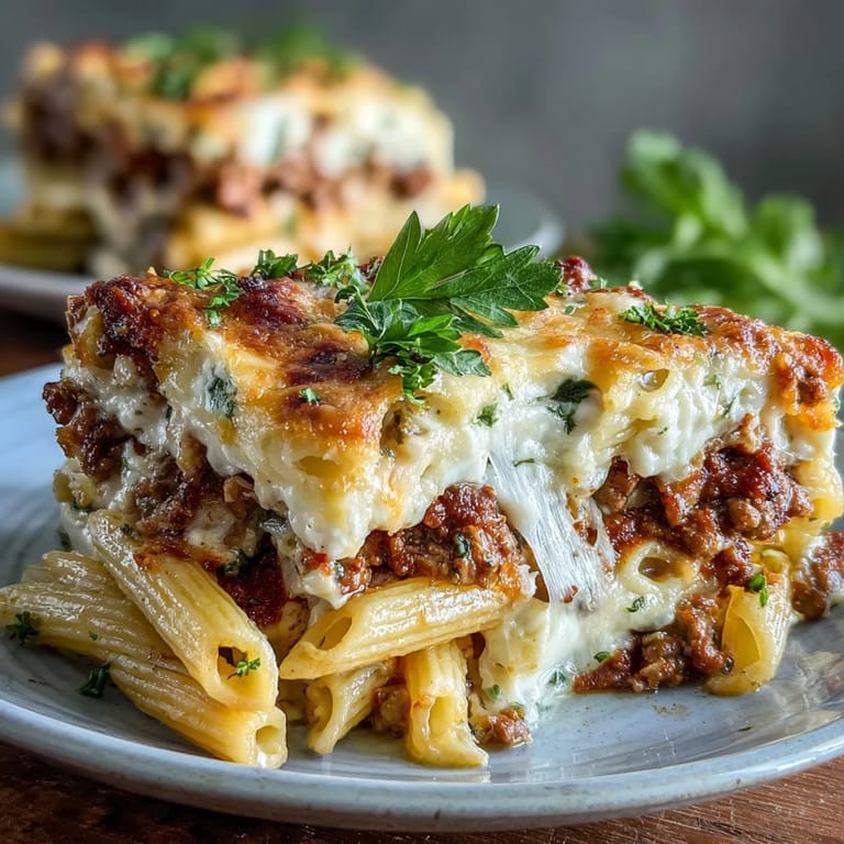 Fresh parsley garnishes this bubbling Cottage Cheese Protein Pasta Bake with Ground Beef, featuring a golden cheese crust and hearty pasta layers.