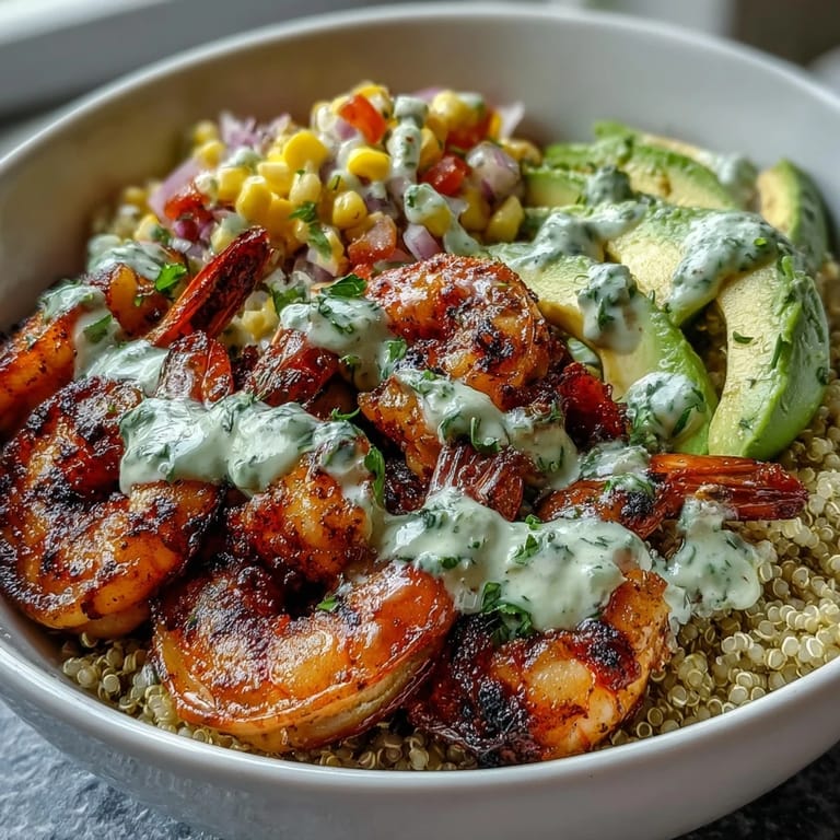 Smoky grilled shrimp layered in a bowl with creamy avocado slices, zesty corn salsa, and a rich garlic drizzle.