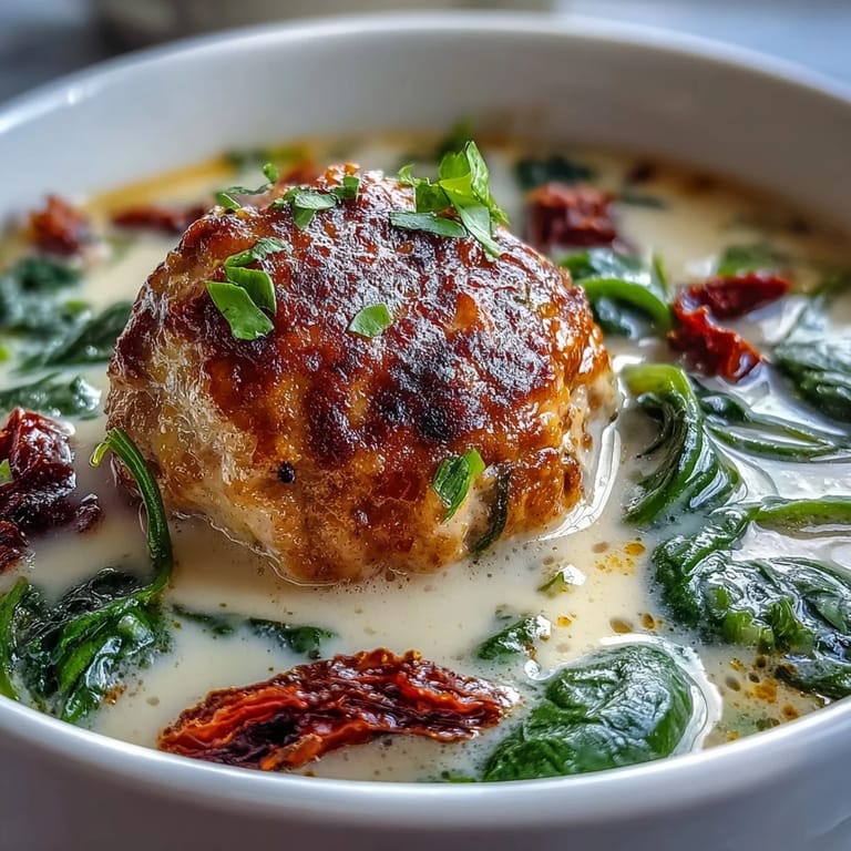 Close-up photo of Creamy Tuscan Turkey Meatball Soup, highlighting juicy turkey meatballs, wilted spinach, and melted Parmesan in a ladle.