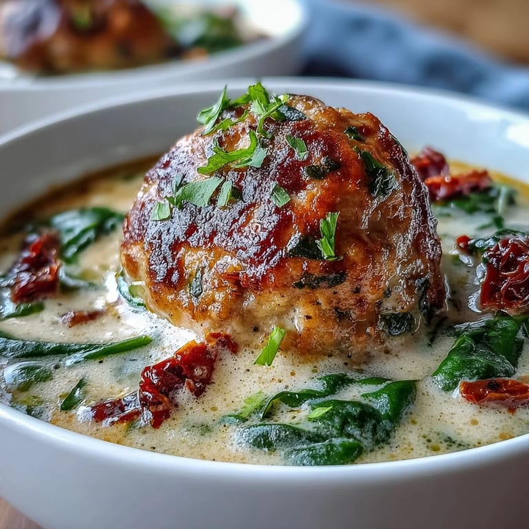 Homemade Creamy Tuscan Turkey Meatball Soup served with crusty bread, showcasing tender meatballs and sun-dried tomatoes in a creamy garlic broth.