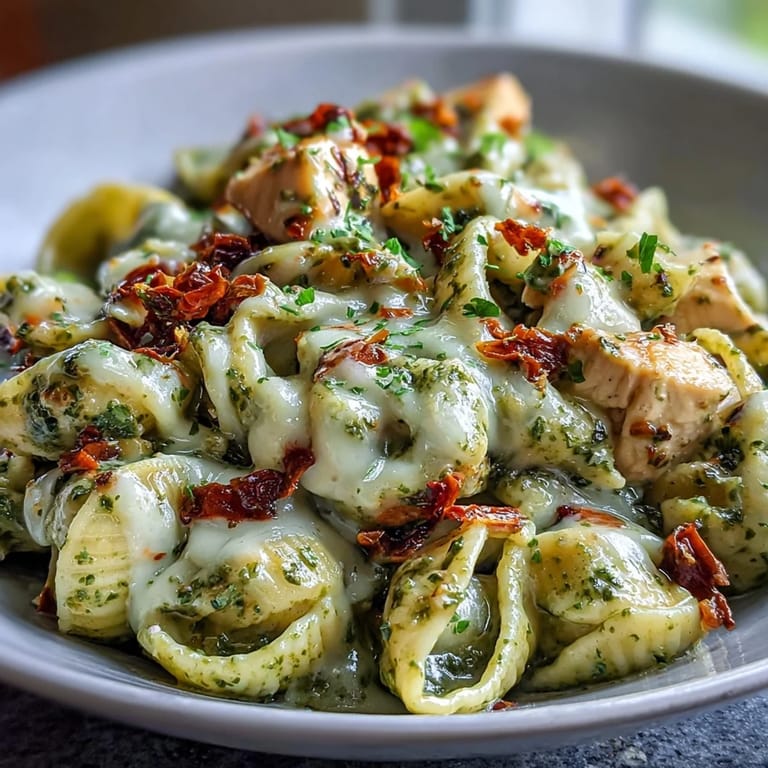 Fork twirls cooked pasta shells in creamy Pesto Chicken Chili Mac with sun-dried tomatoes.