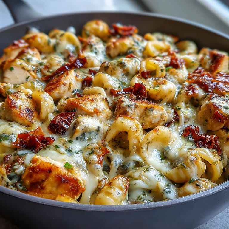Sizzling skillet of Pesto Chicken Chili Mac served alongside crisp salad and white wine.