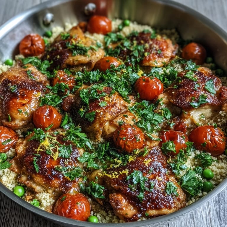 Fresh parsley and lemon zest garnish this savory One-Pan Garlic Butter Chicken Couscous.