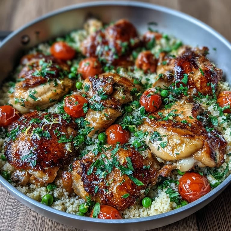 Juicy chicken slices sit atop couscous with peas and tomatoes for One-Pan Garlic Butter Chicken Couscous.