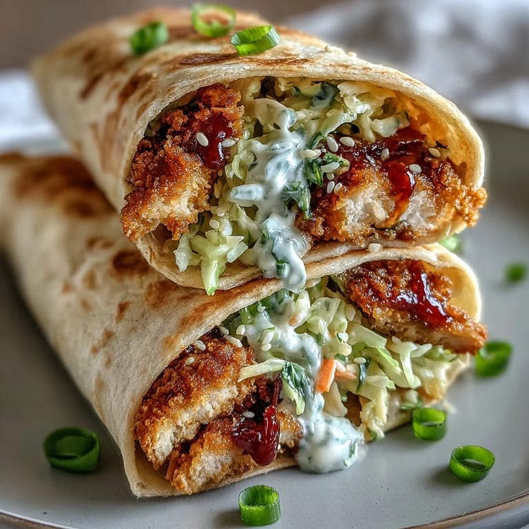 Handheld Crispy KFC Turkey Snack Wraps filled with juicy fried turkey, spicy gochujang slaw, and fresh herbs on a board.