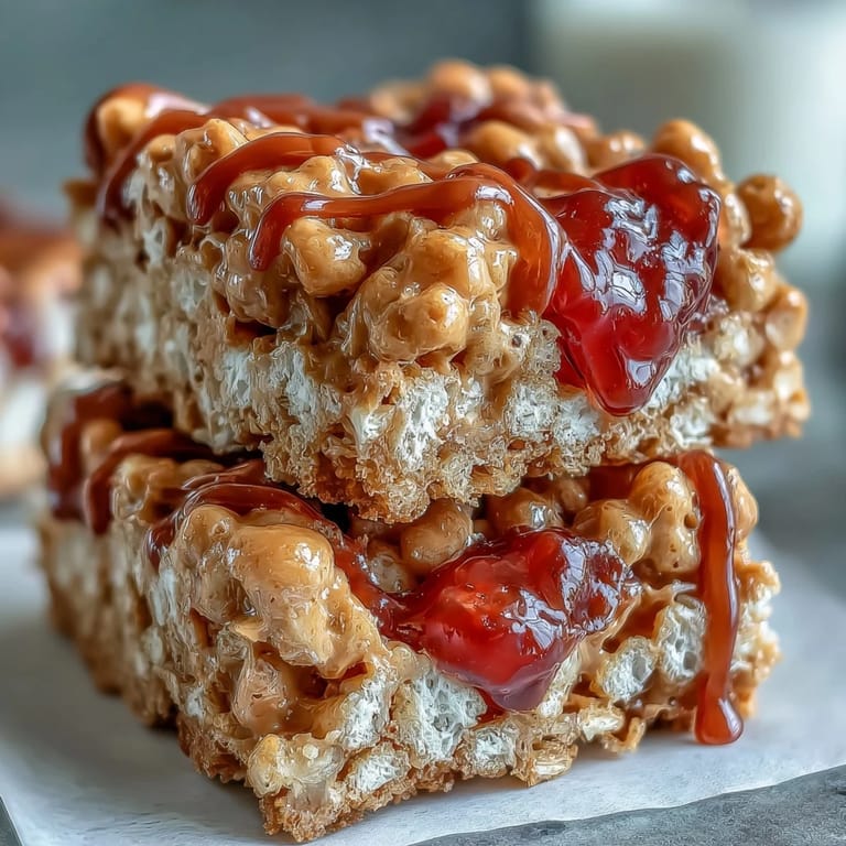 Freshly cut High-Protein PB&J Rice Krispie Bars reveal sticky jelly swirls and a rich peanut butter topping on a golden base. 