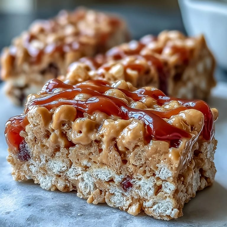 Close-up of a hand holding a High-Protein PB&J Rice Krispie Bar with melted peanut butter and strawberry jelly.