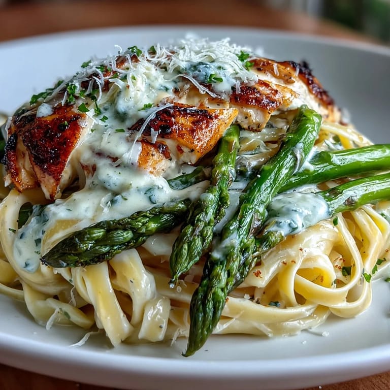 Freshly grated Asiago cheese melting into a rich sauce coating linguine and chicken. Close-up view of Creamy Asiago Chicken & Asparagus Pasta showing roasted asparagus tips.