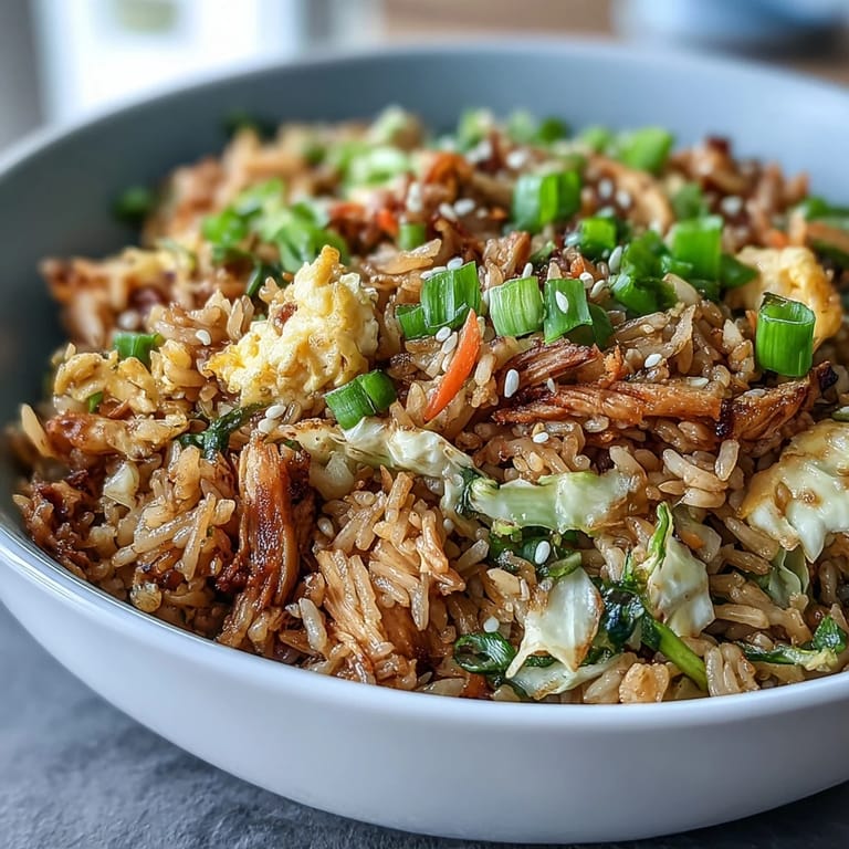 Sizzling Egg Roll Fried Rice with Chicken in a wok, topped with fresh green onions and a sprinkle of sesame seeds.