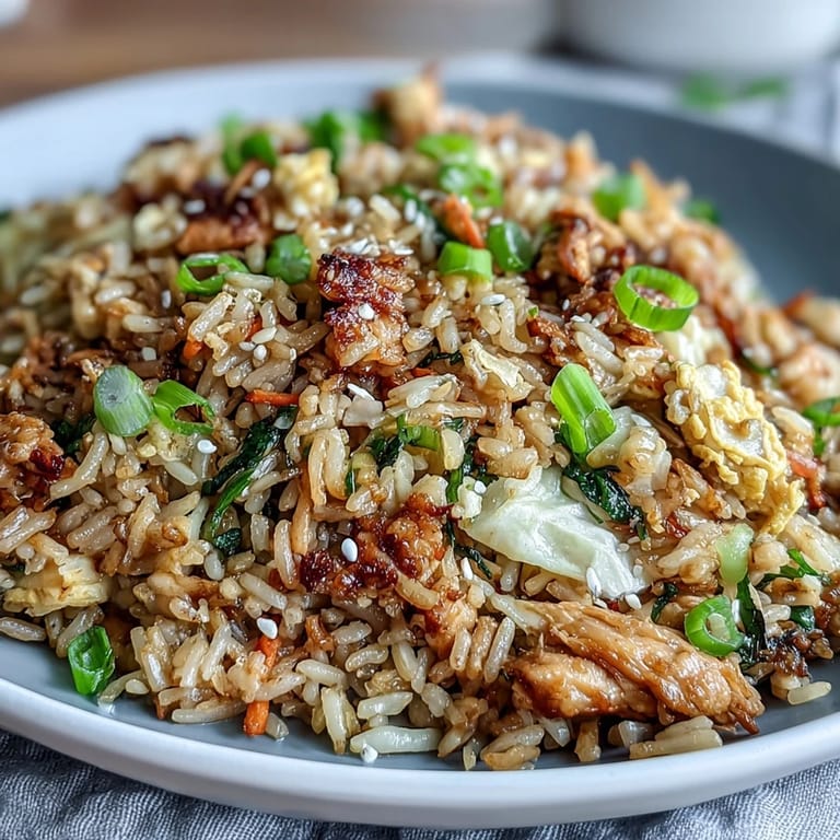 Steaming plate of Egg Roll Fried Rice with Chicken, served alongside a small dish of soy sauce for dipping.