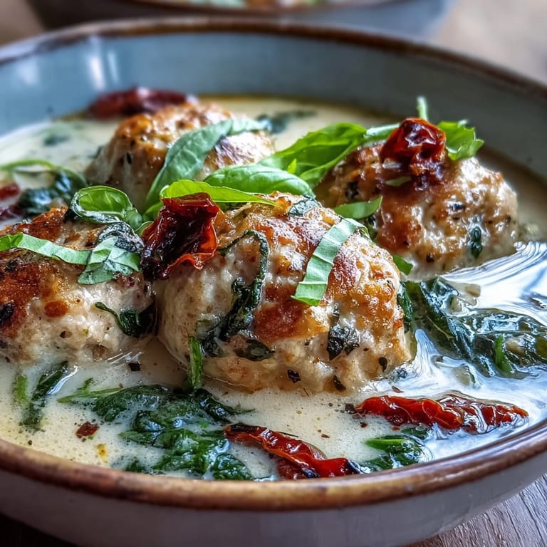 Spoon-ready Creamy Tuscan Turkey Meatball Soup paired with crusty bread for dipping on a linen napkin.