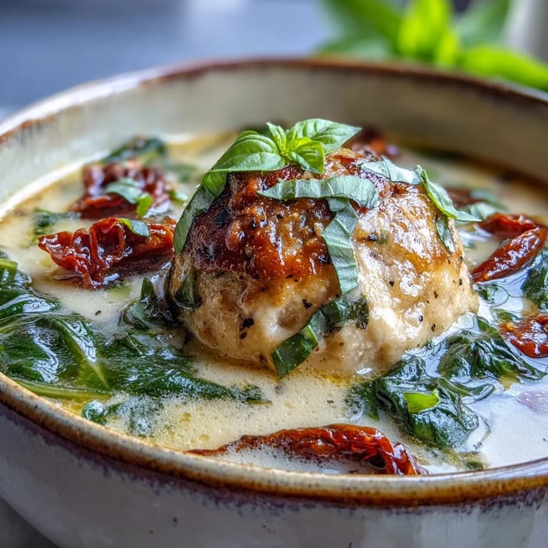 Creamy Tuscan Turkey Meatball Soup steams invitingly in a rustic bowl, garnished with fresh basil.