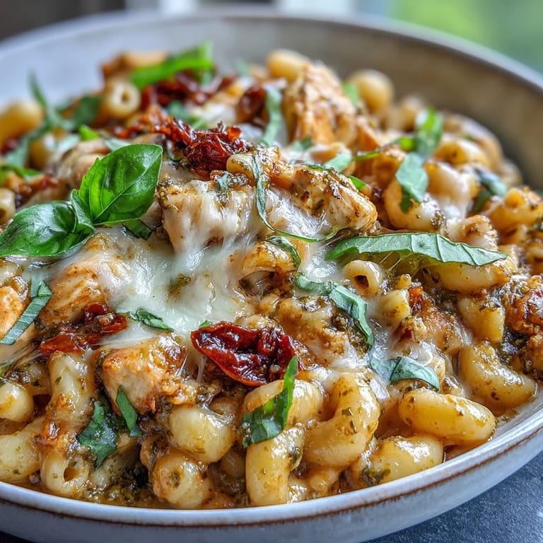 Close-up of Pesto Chicken Chili Mac, showcasing juicy chicken pieces and short pasta coated in a rich, green pesto sauce.