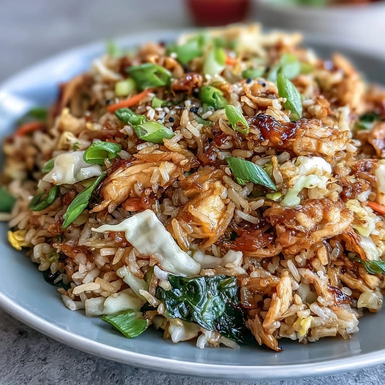 Savory Egg Roll Fried Rice with tender chicken served steaming hot in a bowl.