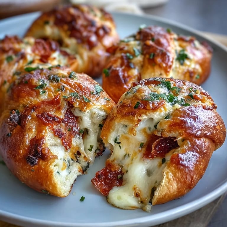 Twisted Pizza Roll Stuffed Garlic Knots filled with melty mozzarella and spicy pepperoni on a tray.
