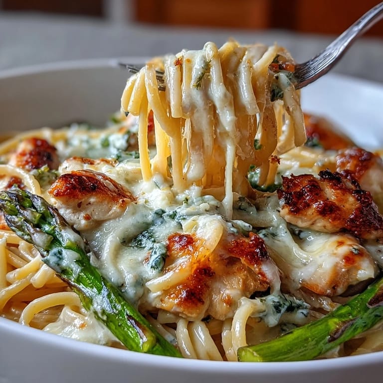 Linguine coated in rich cream sauce with tender chicken and crispy cheese-topped asparagus.