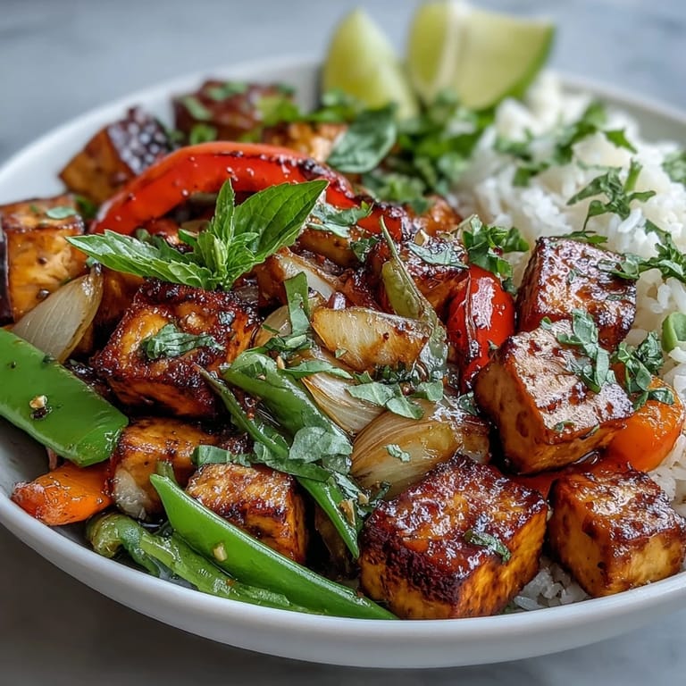 Overhead view of a sizzling wok holding Vegan Thai Basil Tofu Stir-Fry with bell peppers and snap peas coated in a dark, glossy sauce, with a side of fluffy jasmine rice and fresh lime.