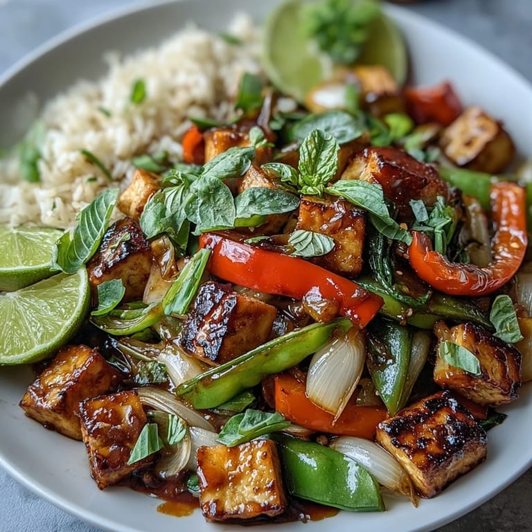 A colorful, plant-based bowl of Vegan Thai Basil Tofu Stir-Fry featuring crisp snap peas and julienned carrots mixed with savory tofu, garnished with fresh basil and a lime wedge for a bright, zesty finish.