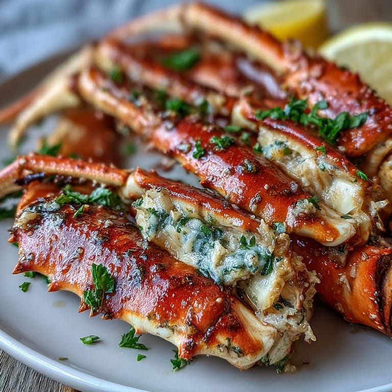 Buttery Keto Garlic Butter Crab Legs with lemon wedges garnish, plated for a delicious low-carb seafood dinner.