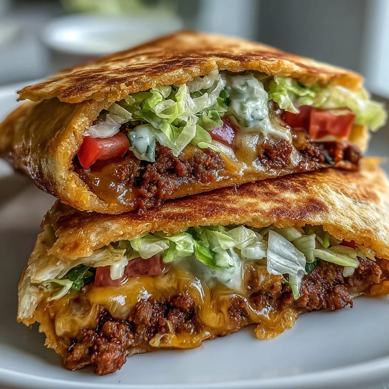 Freshly cut Keto Taco Bell Copycat Crunchwrap halves reveal layers of crisp lettuce, diced tomatoes, and sour cream nestled inside a low-carb shell.