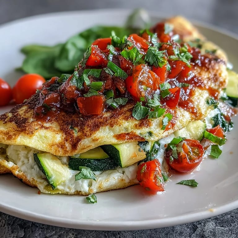 Light Veggie Egg White Omelette with Salsa served hot on a white plate, garnished with lime and cilantro. Salsa adds a zesty, red and green finish to this healthy, protein-packed breakfast.