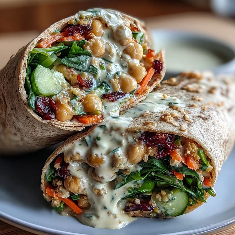 Vibrant Mediterranean-inspired chickpea wraps layered with zesty lemon-tahini dressing, crisp cucumber, and grated carrot for a refreshing plant-based meal.