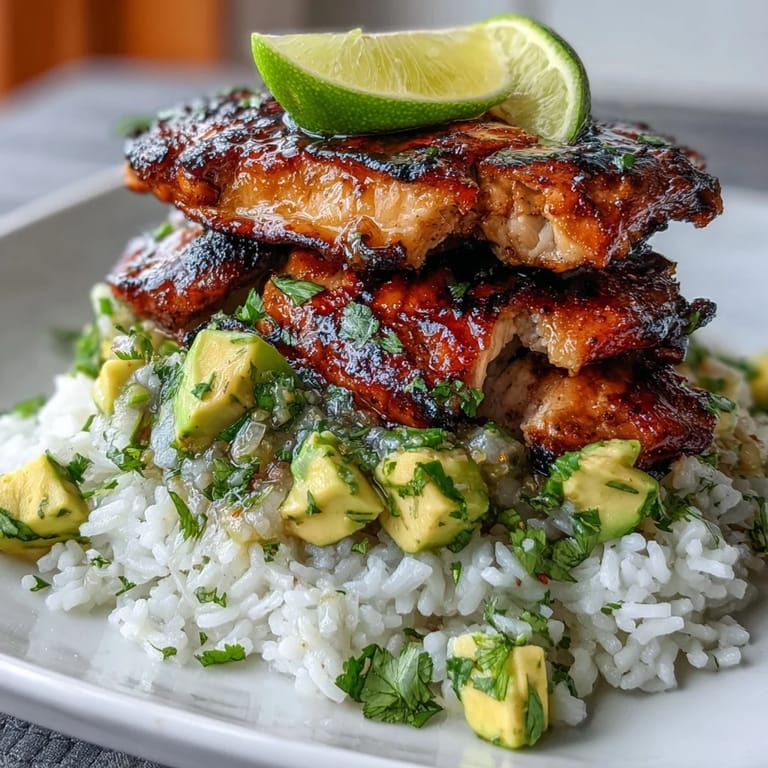 Tangy honey-lime chicken and avocado rice stack garnished with cilantro and lime wedges for a fresh, zesty dinner.