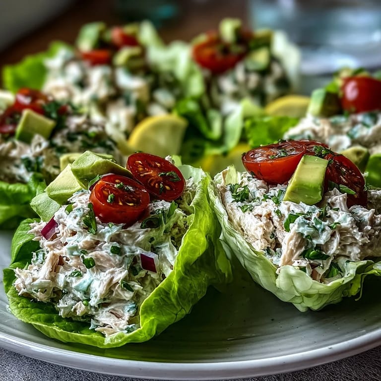 Crisp lettuce cups filled with creamy tuna salad and colorful cherry tomatoes for a light meal.