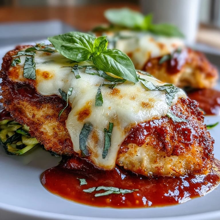 Golden baked chicken breasts topped with rich marinara sauce and gooey mozzarella cheese, paired with fresh spiralized zucchini noodles.
