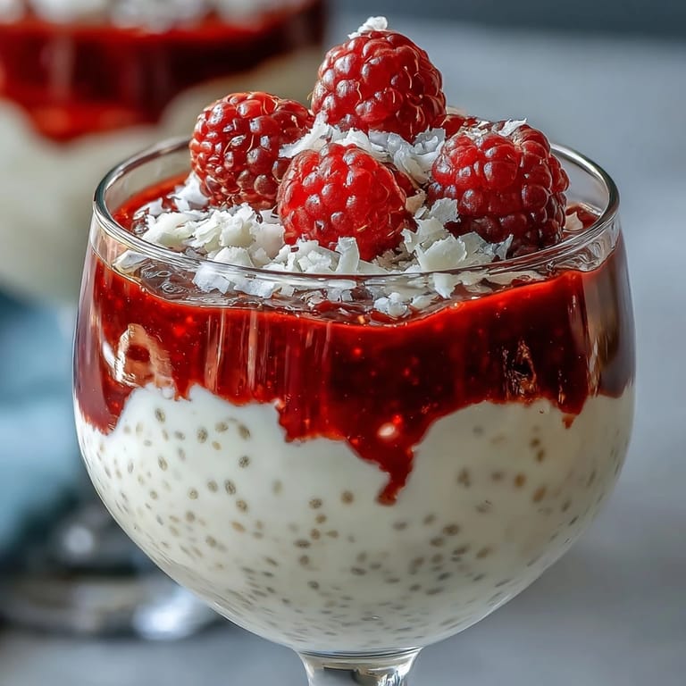 Vibrant layered parfait featuring coconut chia pudding, raspberry purée, and crunchy pistachios for a healthy breakfast or dessert treat.