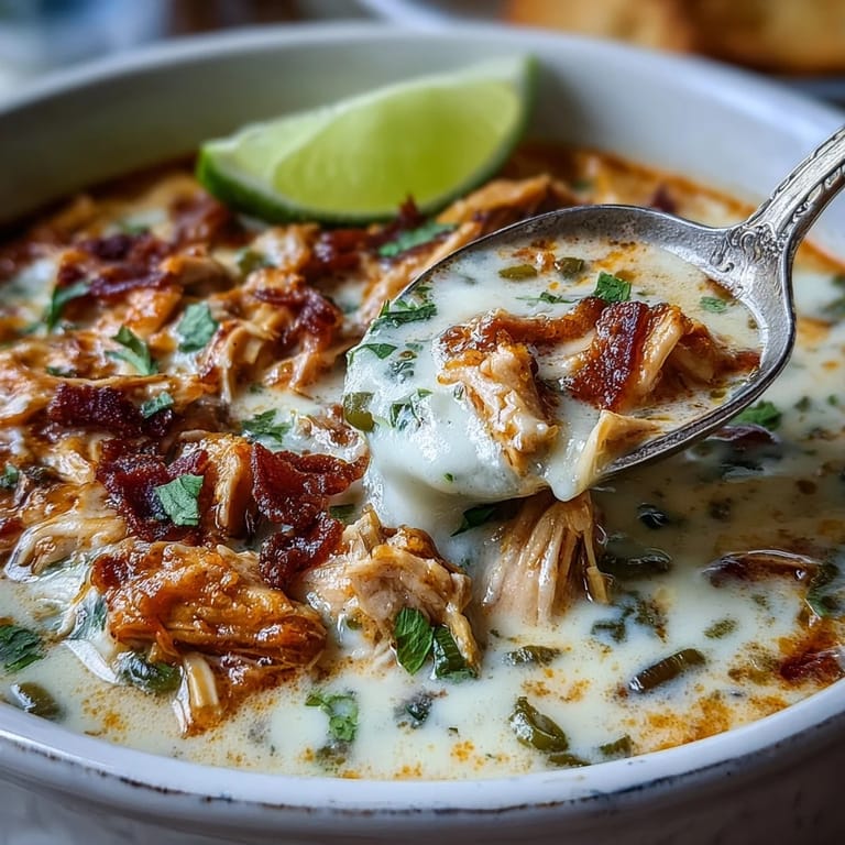 Rich and cheesy Keto Creamy Chicken Enchilada Soup served with sliced jalapeños and shredded cheddar.