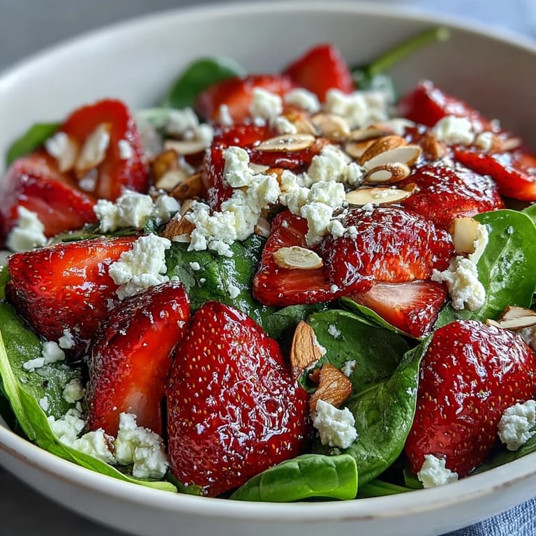 Vibrant spring salad with baby spinach, sweet strawberries, creamy feta, and crunchy toasted almonds.  