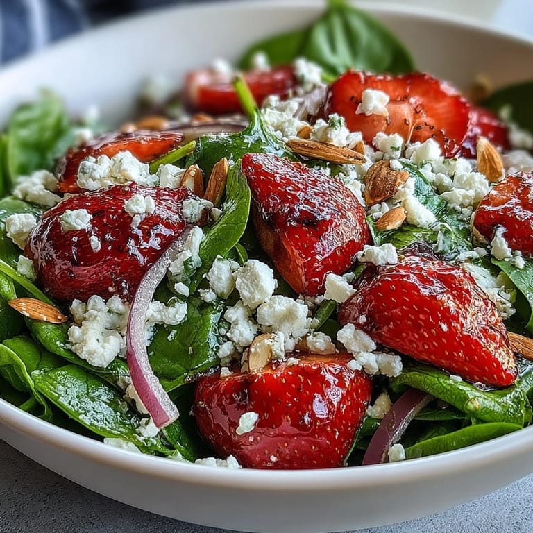 Refreshing strawberry spinach salad topped with feta cheese and golden toasted almonds for a perfect bite.