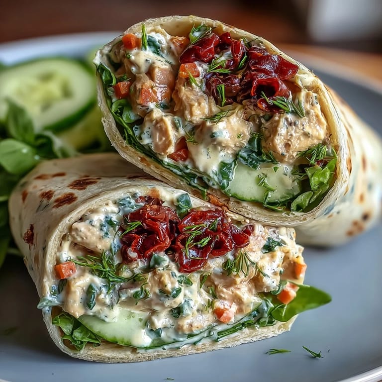 Protein-packed chickpea salad with tangy sun-dried tomatoes, crisp cucumber, and greens, rolled in a soft tortilla for a hearty vegan wrap.