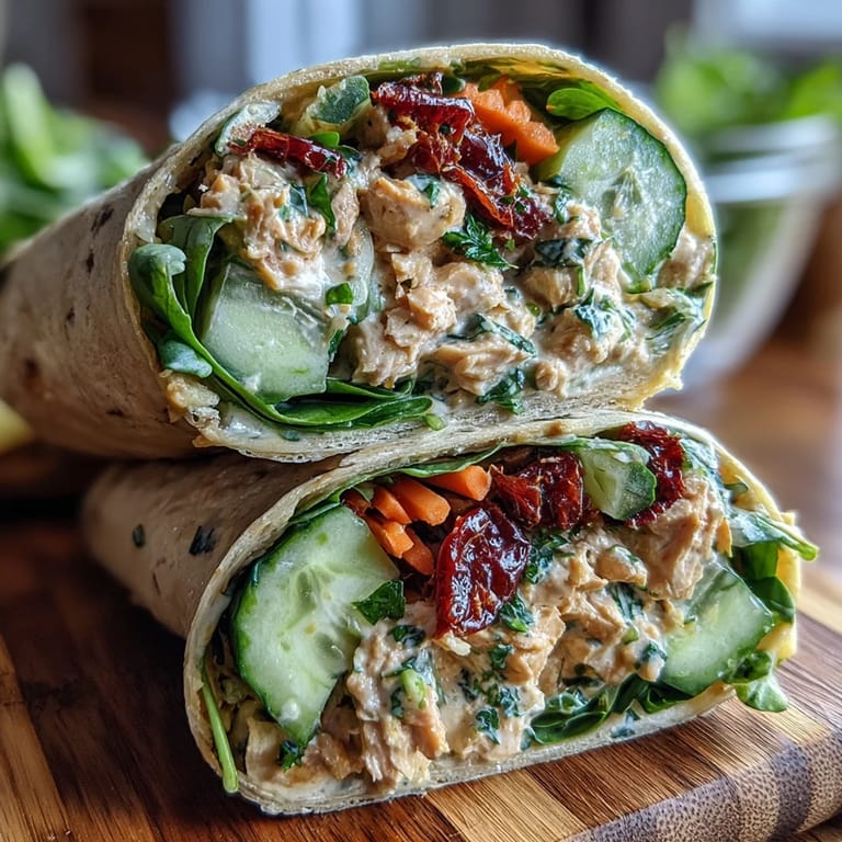 Flavorful vegan chickpea chicken salad with creamy mayo, sun-dried tomatoes, and crunchy vegetables, wrapped in a flour tortilla for an easy meal.