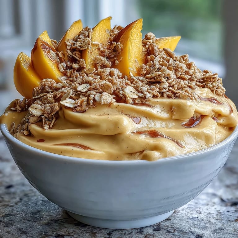 Tropical dairy-free frozen treat made with ripe mango, coconut milk, and crunchy cinnamon-spiced toasted oats for a wholesome dessert.  