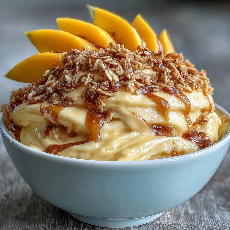 Luscious mango coconut ice cream served in bowls with golden toasted oats, fresh fruit, and mint leaves for a vibrant vegan treat.