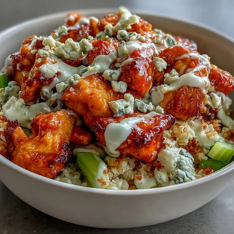 Spicy buffalo chicken served over cauliflower rice with crisp celery, carrots, and tangy ranch drizzle for a satisfying keto meal.