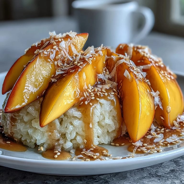 Warm, creamy coconut milk drizzled over sweet mango sticky rice, garnished with toasted sesame seeds for a tropical treat.  