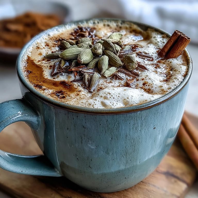Fragrant black tea infused with cardamom, cinnamon, and ginger, topped with steamed milk for a soothing drink.